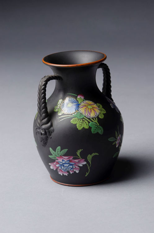 Picture of Floral Enameled Black Basalt Vase Large