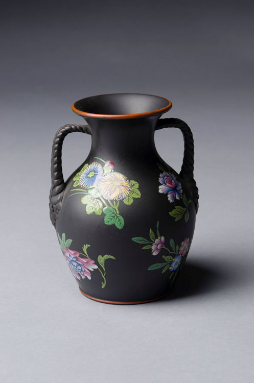 Picture of Floral Enameled Black Basalt Vase Large