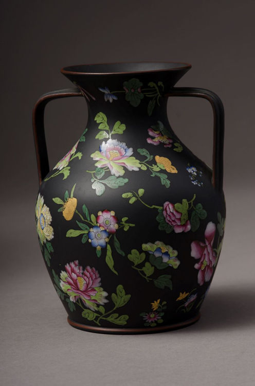 Picture of Floral Enameled Black Basalt Vase Large