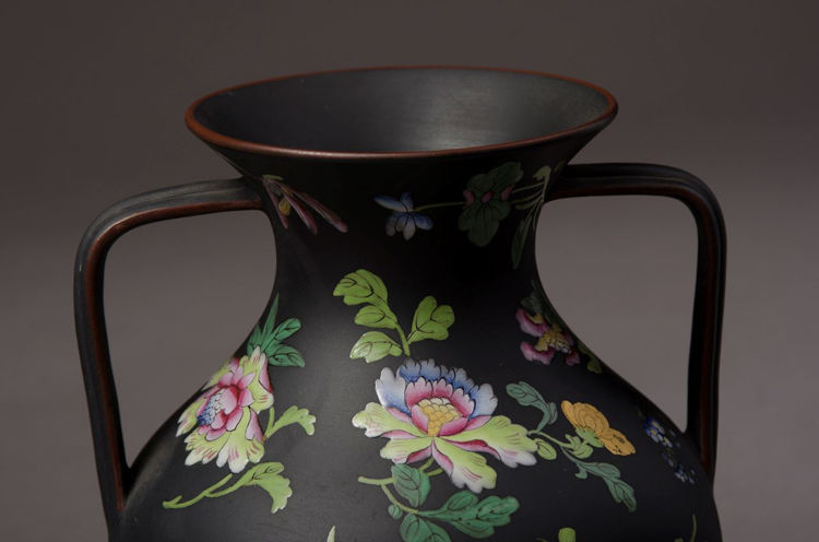 Picture of Floral Enameled Black Basalt Vase Large