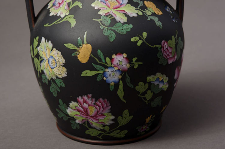 Picture of Floral Enameled Black Basalt Vase Large